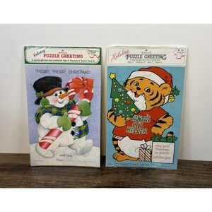 Vintage Hallmark Holiday Puzzle Greetings Snowman Candy Cane & Raccoon Cartoon